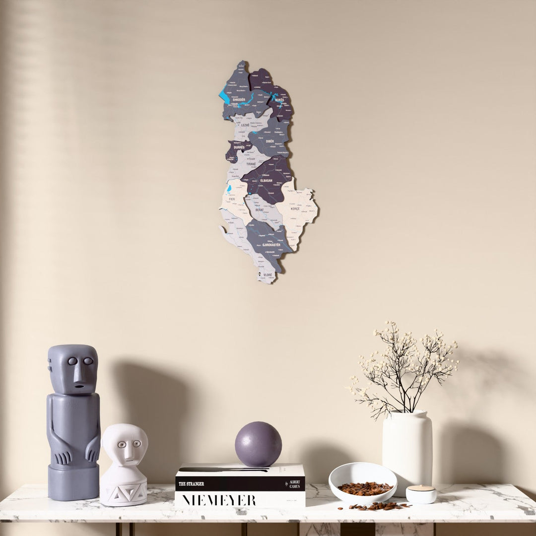 Nimbus Albania wooden wall map above a marble console, front view