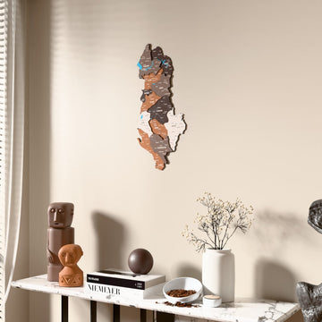 Soil Albania wooden wall map beside a sheer curtain, angled view