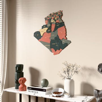 Sage Algeria wooden wall map beside a sheer curtain, angled view