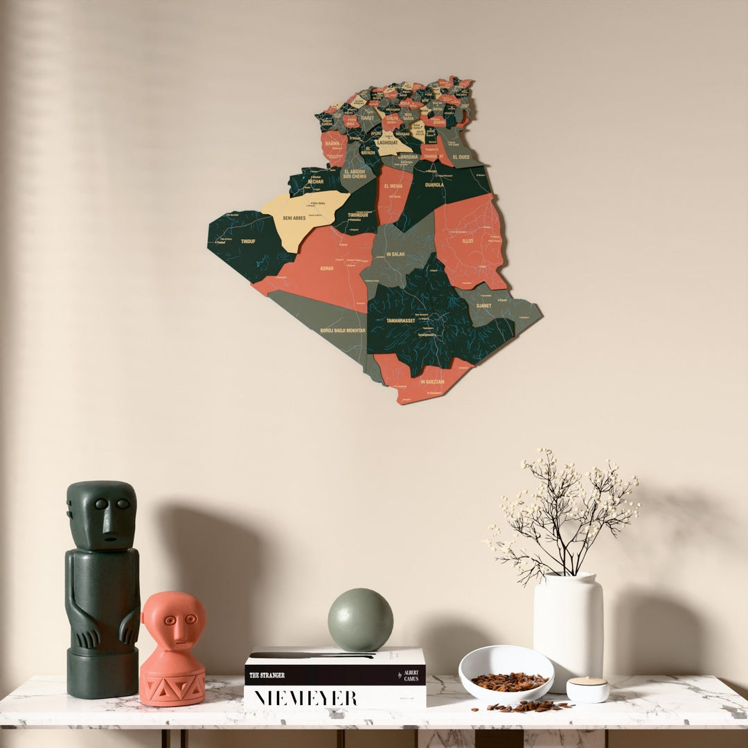 Sage Algeria wooden wall map above a marble console, front view