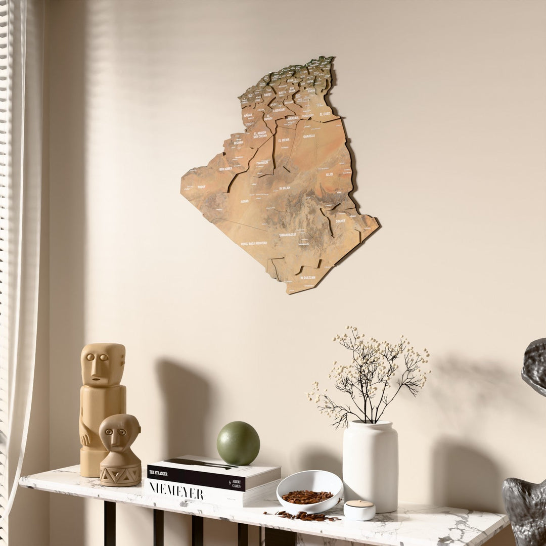Satellite Algeria wooden wall map beside a sheer curtain, angled view
