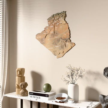 Satellite Algeria wooden wall map beside a sheer curtain, angled view