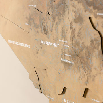 Close-up of the Satellite Algeria wooden wall map with layered regions and printed names