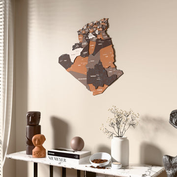 Soil Algeria wooden wall map beside a sheer curtain, angled view