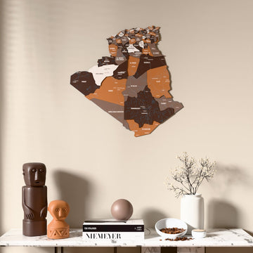 Soil Algeria wooden wall map above a marble console, front view