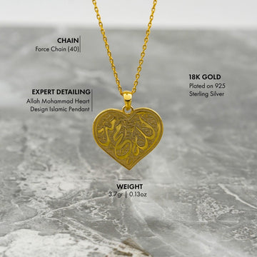 Allah & Muhammad Written Muslim Jewelry, Heart Shaped 18K Gold Plated Silver - Islamic Wall Art Store