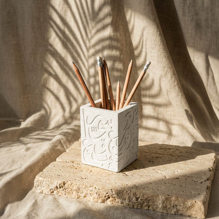 Arabic Letters Stone Cast Pencil Holder – Modern Calligraphy Desktop Organizer