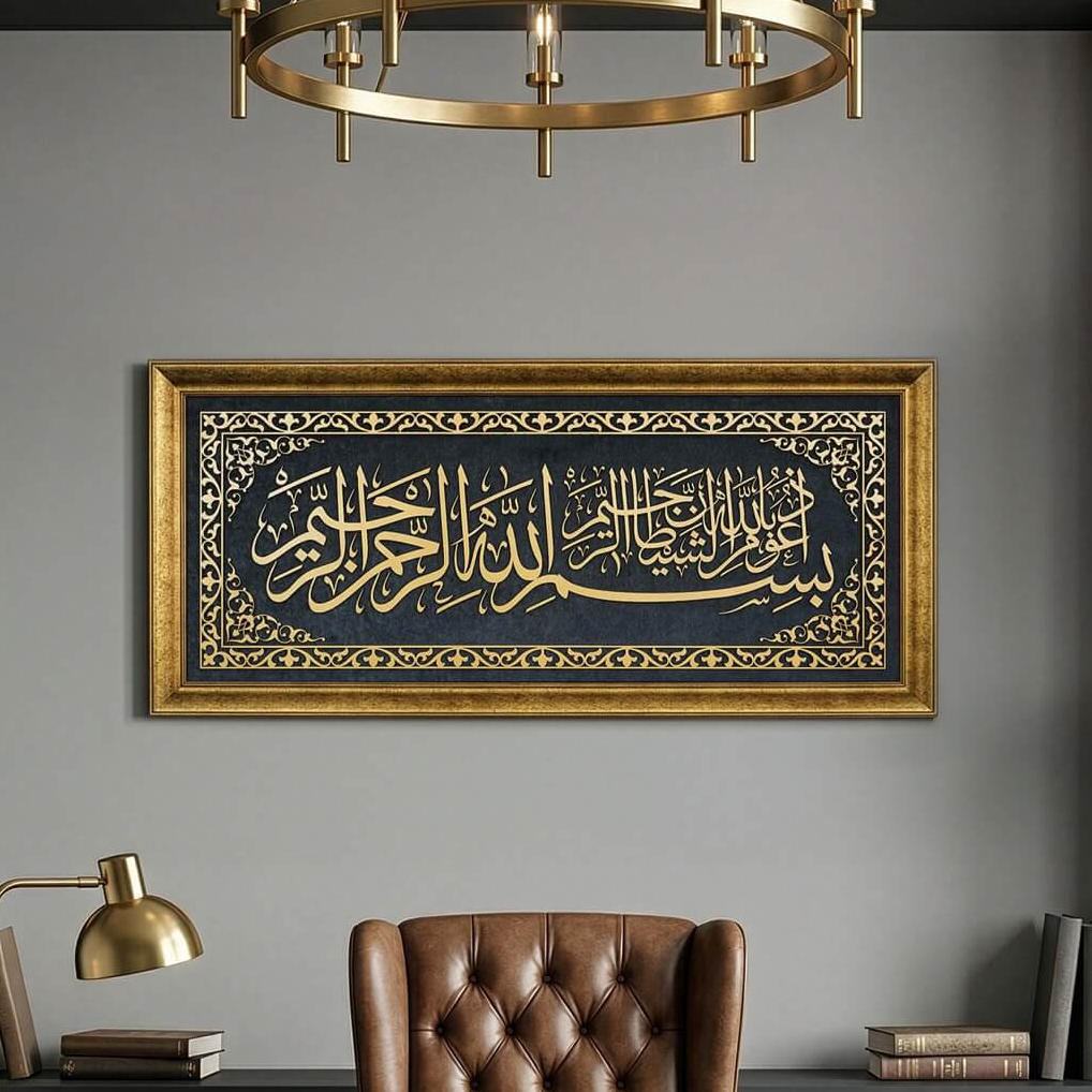 Auzu Basmala framed wall art on velvet hung above a wooden desk in a home office