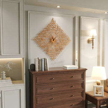 Minimalist furniture setup highlighted by the Diamond Shaped Ayatul Kursi Metal Islamic Wall Clock - 3D Arabic Calligraphy.