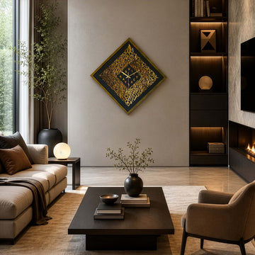 Ayatul Kursi framed diamond Islamic wall clock with gold acrylic calligraphy hung on a living room wall