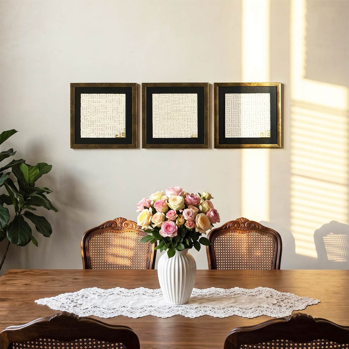 The Ayatul Kursi, Surah Al-Falaq, and Surah An-Nas Islamic Wall Art Set serving as a daily reminder of faith and protection.