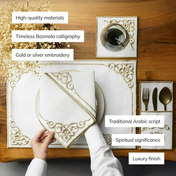 Basmala dining set in gold with callouts for Timeless Basmala calligraphy and gold or silver embroidery