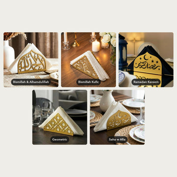 Islamic Metal Napkin Holder – all designs: Bismillah & Alhamdulillah, Bismillah Kufic, Ramadan Kareem, Geometric, Saha w Afia