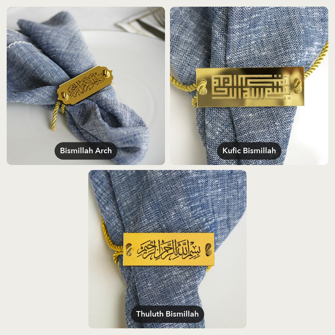 Bismillah Napkin Holders with Cord – all designs: Bismillah Arch, Kufic Bismillah, Thuluth Bismillah