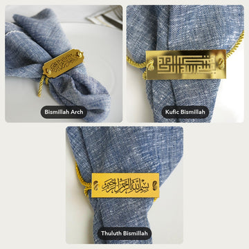 Bismillah Napkin Holders with Cord – all designs: Bismillah Arch, Kufic Bismillah, Thuluth Bismillah