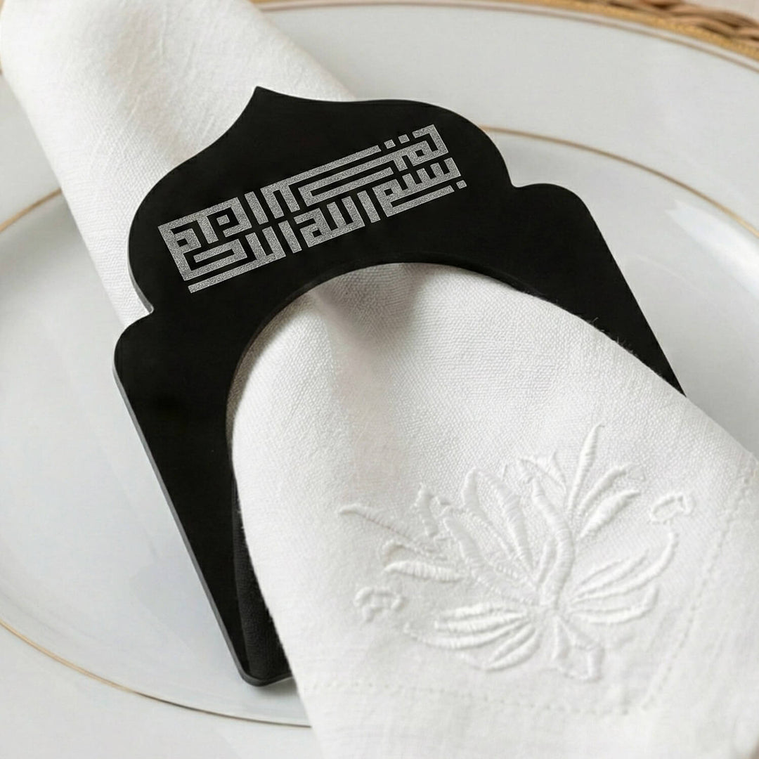 Basmala Kufic acrylic napkin ring on a set table