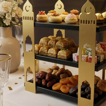 3-stöckige Moschee-Etagere – Ramadan-Dessertturm aus Metall & Holz