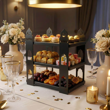 3-stöckige Moschee-Etagere – Ramadan-Dessertturm aus Metall & Holz