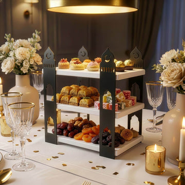 3-stöckige Moschee-Etagere – Ramadan-Dessertturm aus Metall & Holz