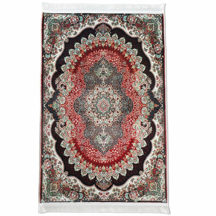 muslim-praying-rug-black-red-medallion-pattern-soft-fabric-islamicwallartstore