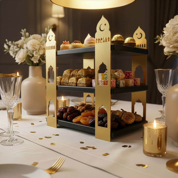 3-stöckige Moschee-Etagere – Ramadan-Dessertturm aus Metall & Holz