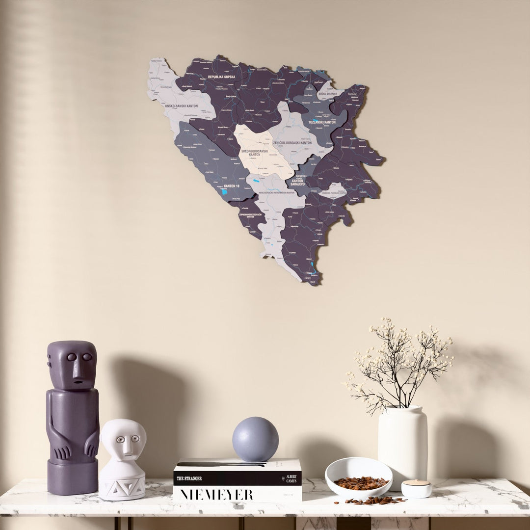 Nimbus Bosnia and Herzegovina wooden wall map above a marble console, front view