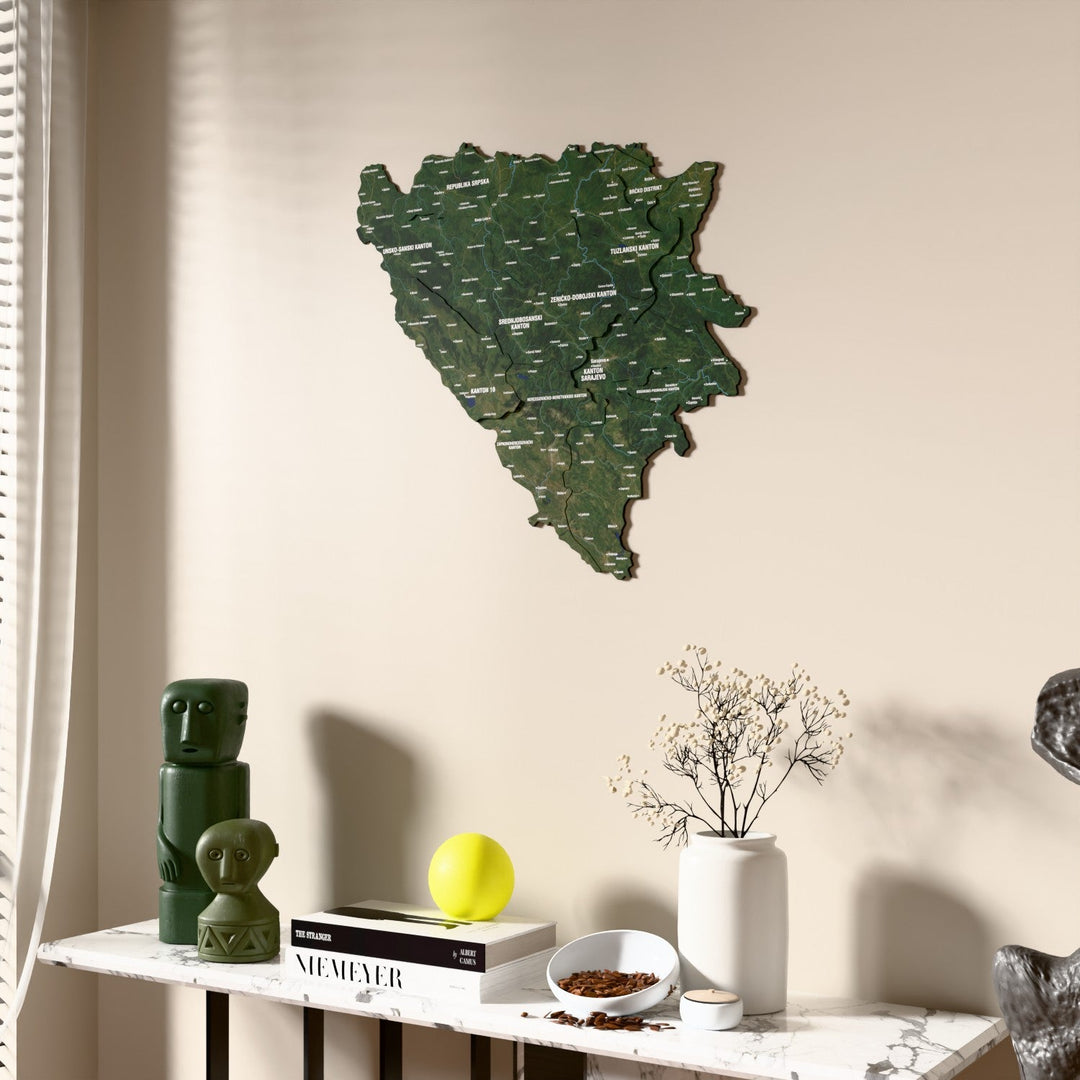 Satellite Bosnia and Herzegovina wooden wall map beside a sheer curtain, angled view