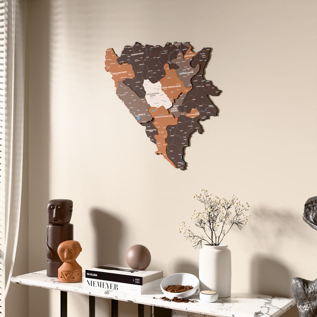 Soil Bosnia and Herzegovina wooden wall map beside a sheer curtain, angled view