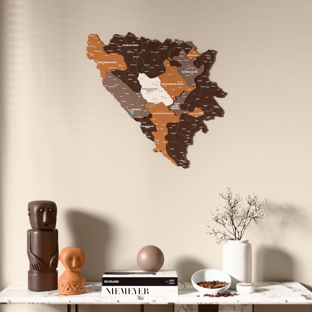 Soil Bosnia and Herzegovina wooden wall map above a marble console, front view