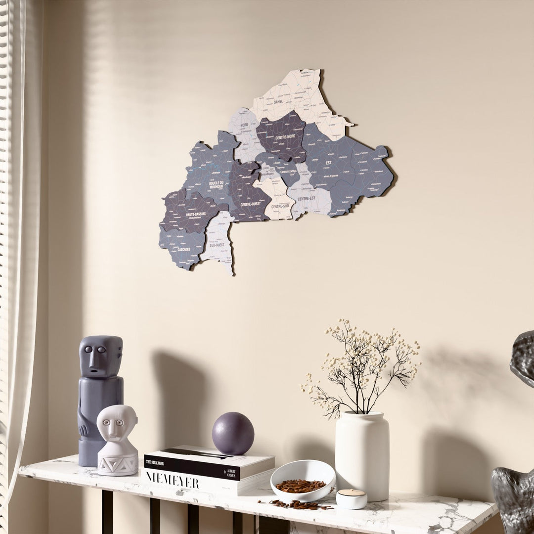 Nimbus Burkina Faso wooden wall map beside a sheer curtain, angled view