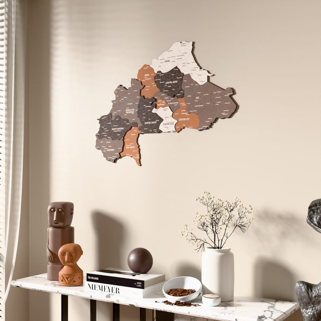 Soil Burkina Faso wooden wall map beside a sheer curtain, angled view
