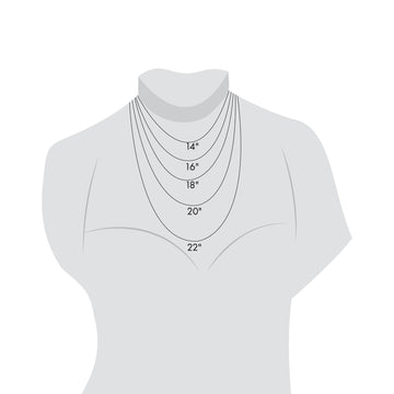 Necklace chain length guide on a neck diagram showing 14, 16, 18, 20 and 22 inch lengths