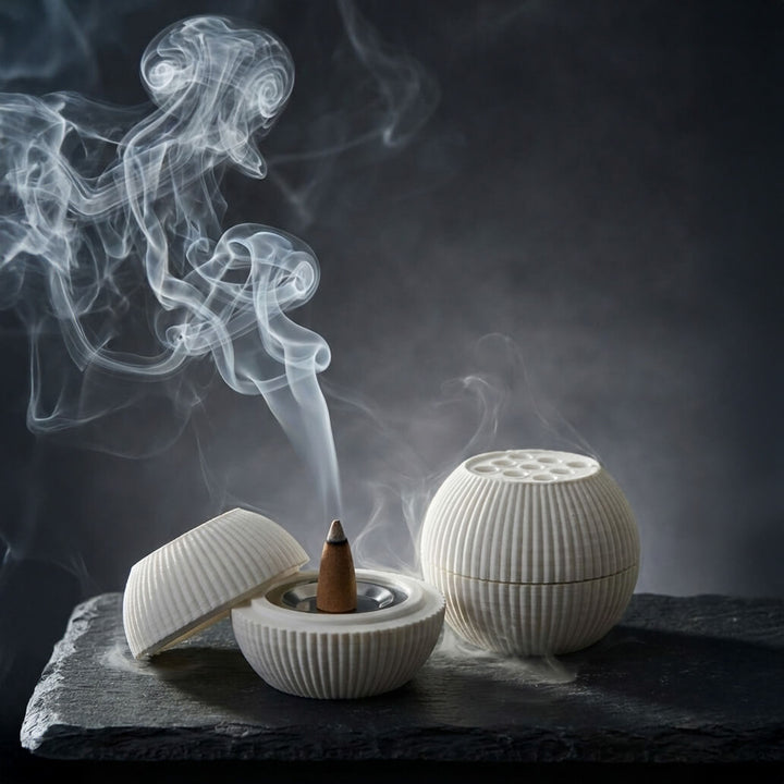Incense burner with smoke on a dark background