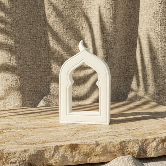 Mihrab Stone Arch with Crescent Moon – Minimalist Islamic Decor