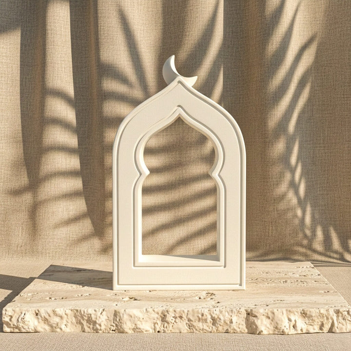 Mihrab Stone Arch with Crescent Moon – Minimalist Islamic Decor