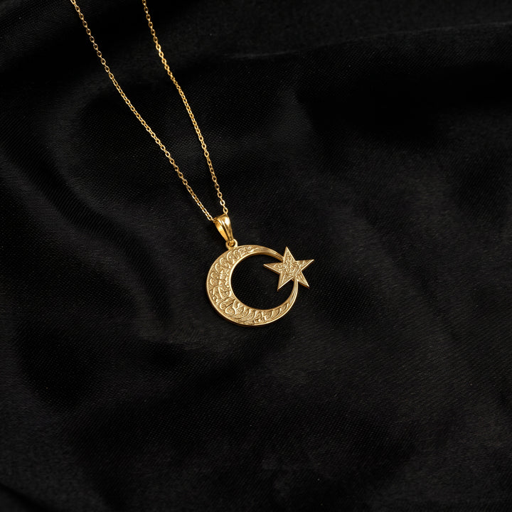 Kalima Tawhid crescent and star necklace, gold pendant