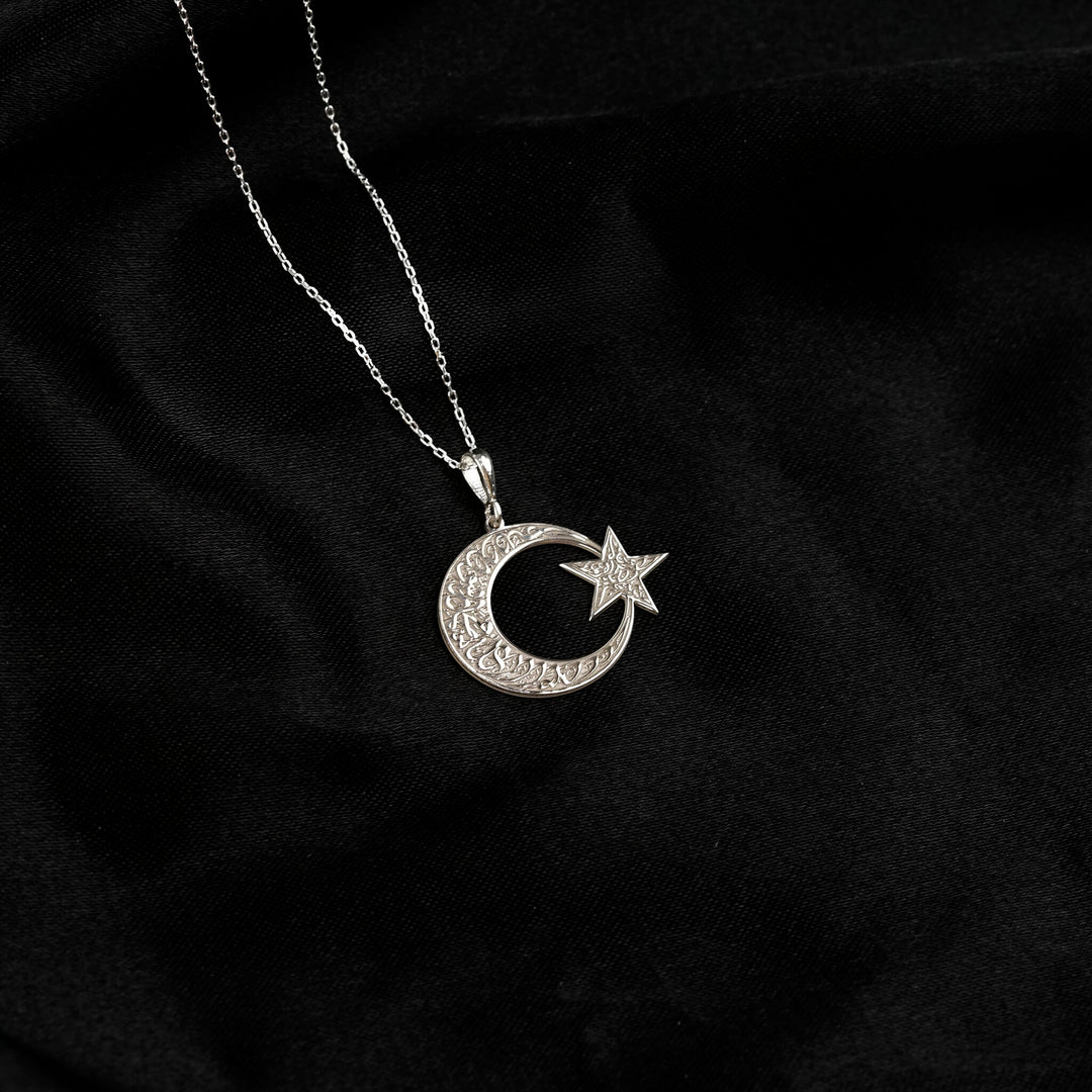 Kalima Tawhid crescent and star necklace, silver pendant