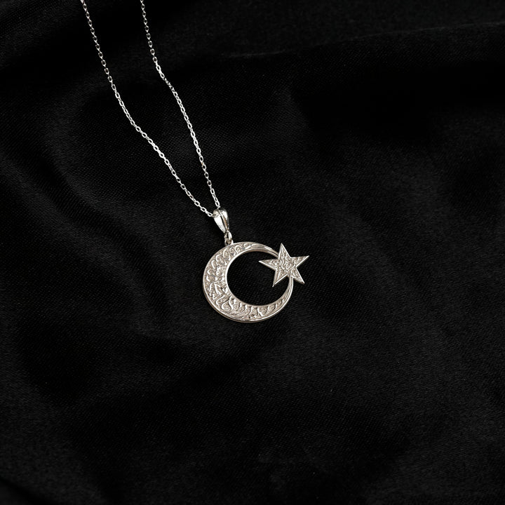 Kalima Tawhid crescent and star necklace, silver pendant