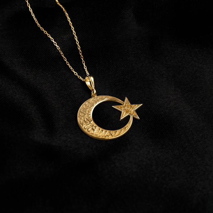 Kalima Tawhid crescent and star necklace, 18K gold plated