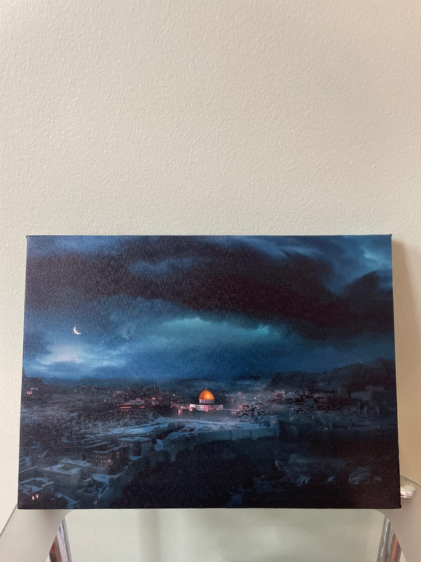 Customer photo of a Masjid al-Aqsa night view canvas leaning on a wall