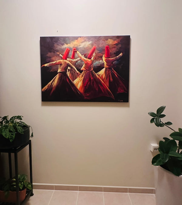 Customer photo of a red whirling dervish canvas print on a beige wall