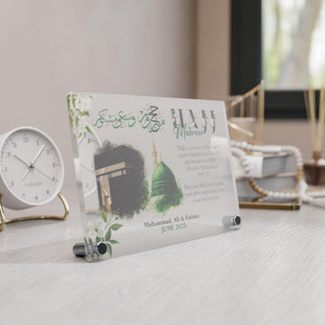 Side angle of Design 3 Hajj Mabroor table decor on a white desk with prayer beads