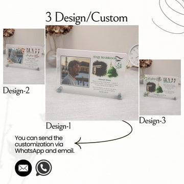 Preview of Hajj Mabroor table decor Design-1, Design-2 and Design-3, customized via WhatsApp and email