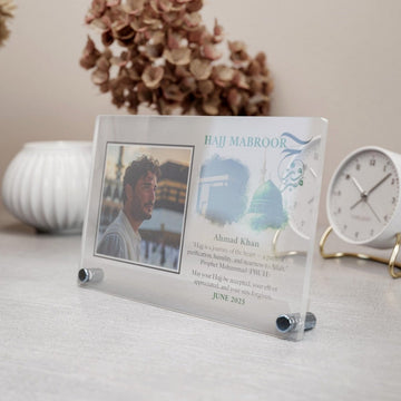 Design 1 Hajj Mabroor acrylic table decor, angled close view with photo, Kaaba and green dome