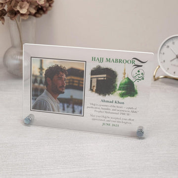 Hajj Mabroor horizontal acrylic table decor, Design 1 with a personal photo, Kaaba and green dome, front view
