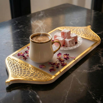 Serviertablett für Ramadan mit Griffen in Form einer Moscheekuppel – Dattel- und Kaffeeplatte