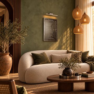 Silver framed Farewell Sermon wall art seen at an angle in a living room with rattan pendant lights