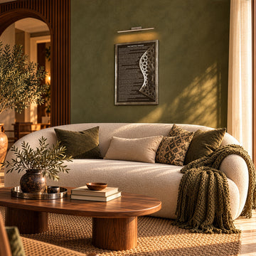 Silver Farewell Sermon wall art in a wide living room view with an arched doorway and a cream sofa