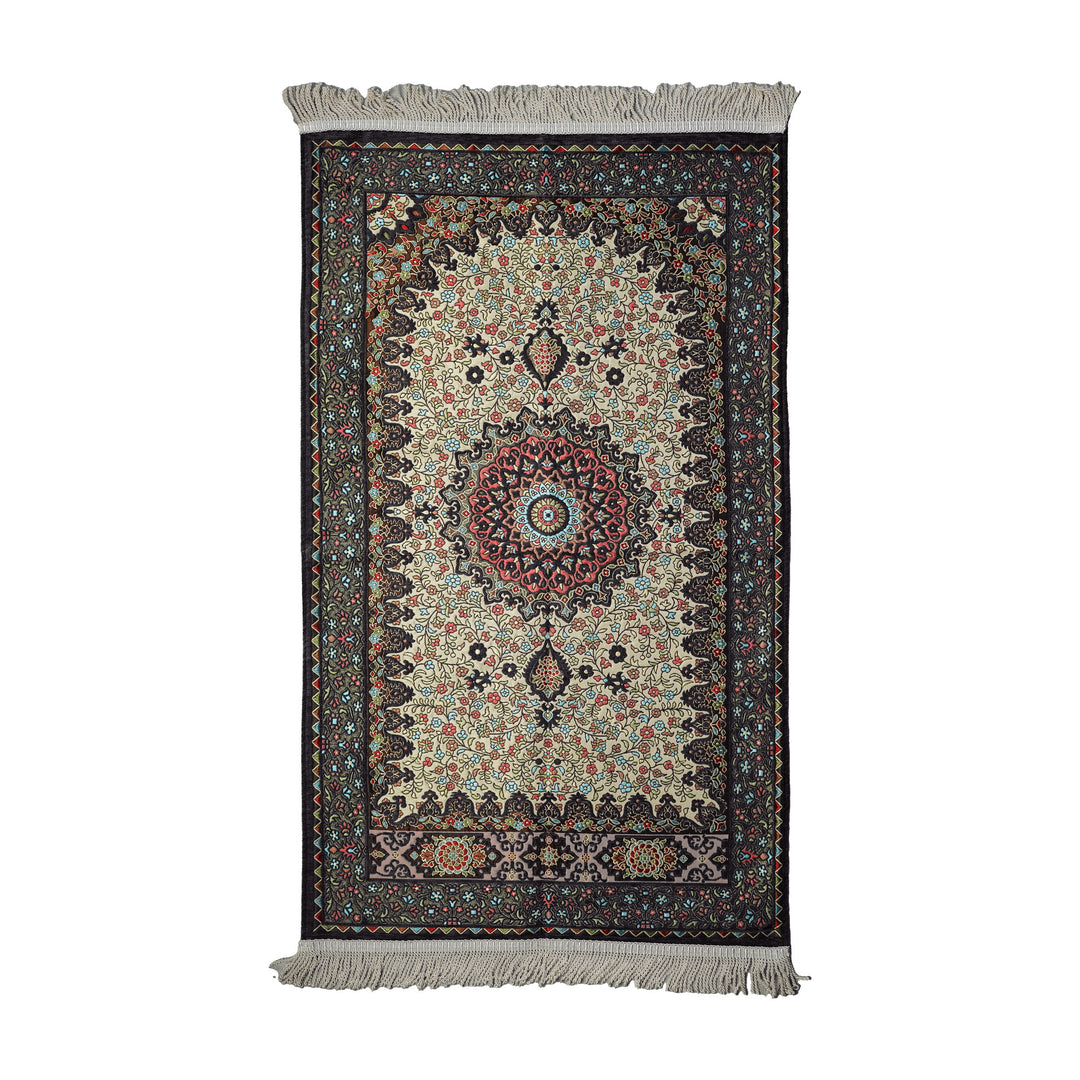 Floral Vine Prayer Rug in Anthracite - Cream on a white background, full view with fringed short edges