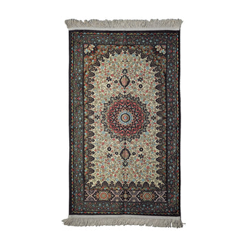 Floral Vine Prayer Rug in Anthracite - Cream on a white background, full view with fringed short edges